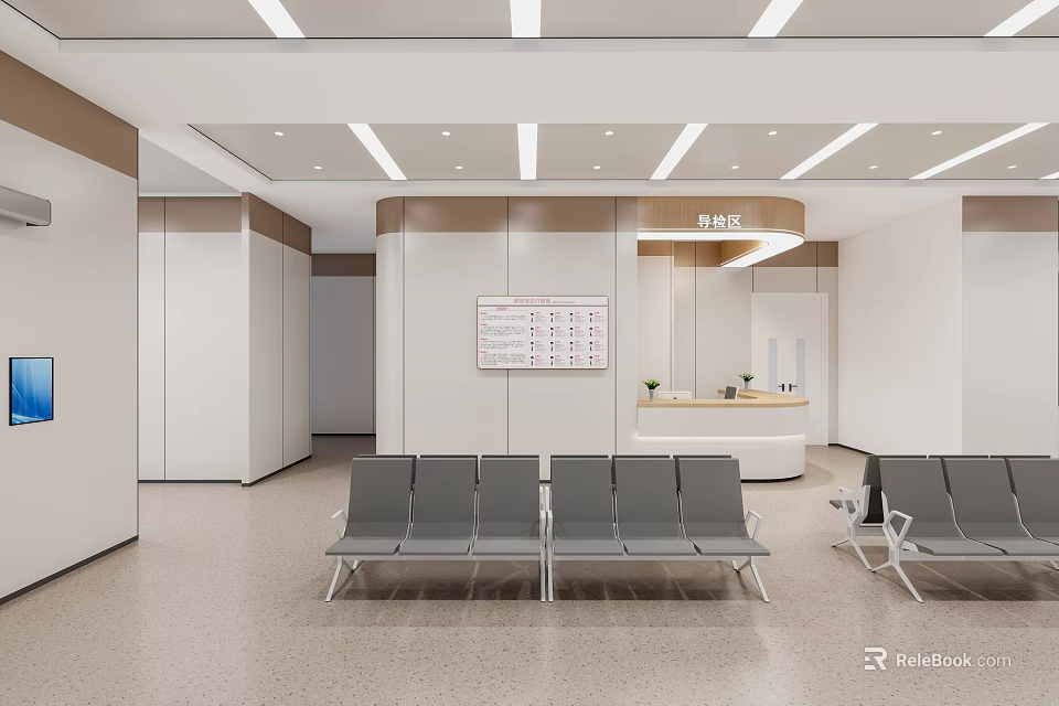 Modern Hospital Outpatient Clinic Waiting Area With Reception Desk Chairs And Information Board 3d model 