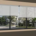 White Roller Blinds in Bright Minimalist Room With Green Trees and Modern Building View