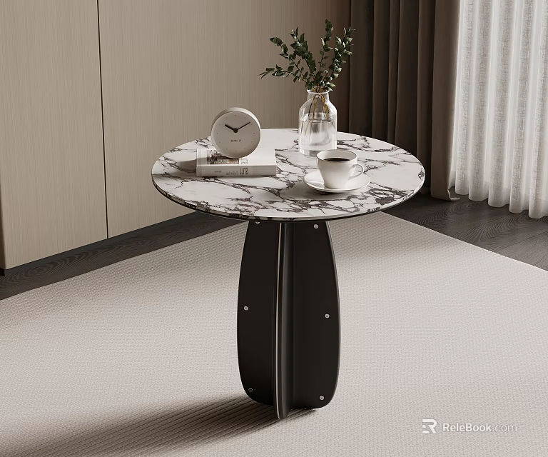 Modern Round Side Table With Marble Top Black Base And Decorative Clock Vase 3d model