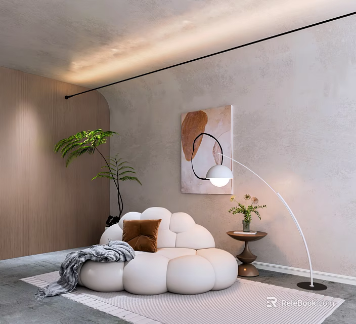Modern Living Room Interior Featuring Stylish Decorative Floor Lamp Cloud Sofa Abstract Painting Green Plant 3d model 