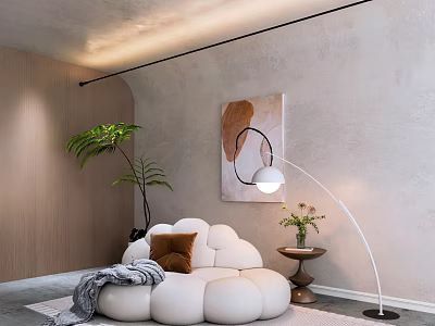 Modern Living Room Interior Featuring Stylish Decorative Floor Lamp Cloud Sofa Abstract Painting Green Plant 3d model