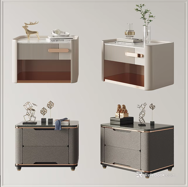 Modern Bedside Table Designs With Drawers Metal Accents And Decorative Items 3d model
