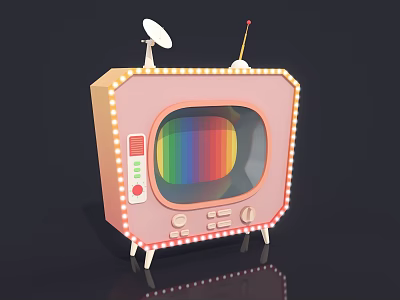 Vintage Pink Television with Colorful Stripe Screen Satellite And Small Antennas Light Bulb Decorated Frame 3d model