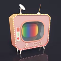 Vintage Pink Television with Colorful Stripe Screen Satellite And Small Antennas Light Bulb Decorated Frame