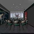 Elegant Private Dining Box Interior Featuring Blue Wall Crane Pine Pattern Round Table Green Chairs 3d model