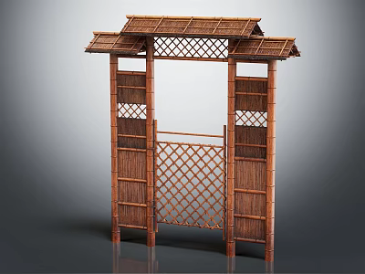 Traditional Bamboo Entrance Gate with Lattice Panels Roofed Top and Side Shelves 3d model