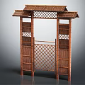 Traditional Bamboo Entrance Gate with Lattice Panels Roofed Top and Side Shelves