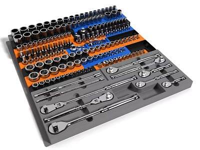 Comprehensive Socket Wrench Set With Multiple Sockets And Wrenches In Black Orange Tray 3d model