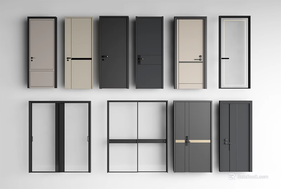 Various Modern Hinged Doors With Different Colors And Glass Panel Designs 3d model