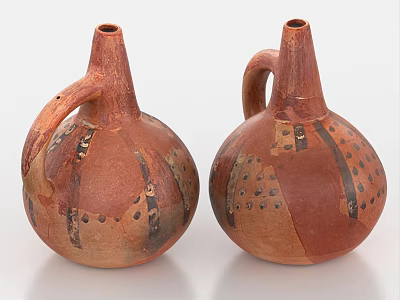 Rustic Red Ceramic Vessels With Decorative Patterns Bulbous Bodies And Slender Necks 3d model