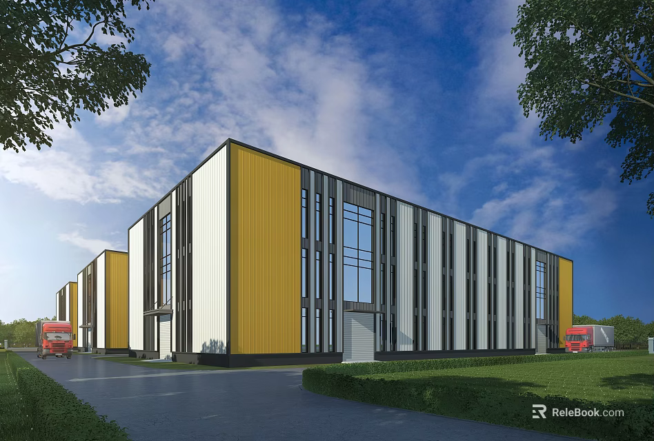 Modern Industrial Factory With Yellow White Exterior Large Glass Windows Green Lawn And Blue Sky 3d model 