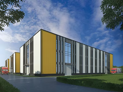 Modern Industrial Factory With Yellow White Exterior Large Glass Windows Green Lawn And Blue Sky 3d model