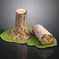Natural Tree Stump And Log Scene With Green Grass And Detailed Texture