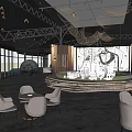 Modern Sales Office Interior Design With Chandeliers Tables And Green Plants
