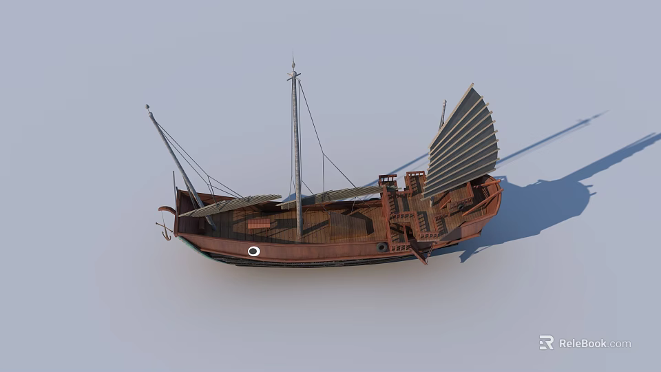 Traditional Wooden Boat With Classic Sails And Vintage Wooden Hull Structure Design 3d model 