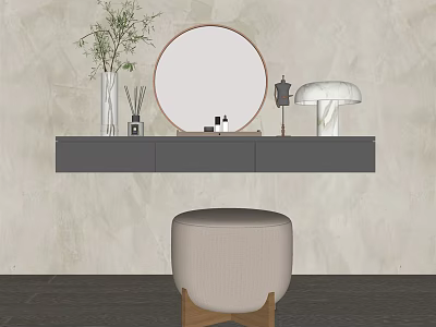 Modern Dressing Table Design With Round Mirror Lamp Vase And Beige Wooden Stool 3d model