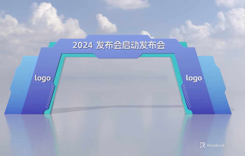 2024 Launch Conference Gateway With Logos On Both Sides Against Blue Sky And Reflective Floor 3d model 