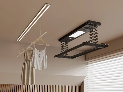 Modern Indoor Ceiling Mounted Clothes Drying Rack With Spring System And Hanging Garments 3d model