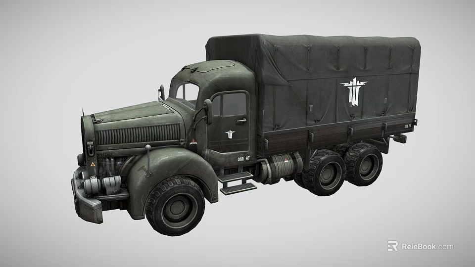 Vintage Dark Green Military Truck with Canvas Covered Cargo Bed Six Wheels and Side Emblem 3d model 