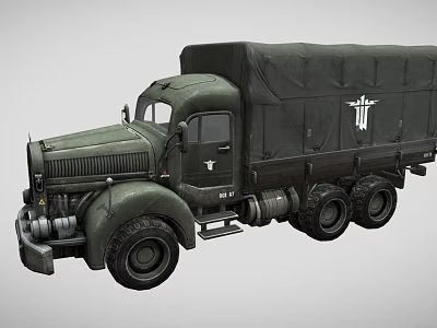 Vintage Dark Green Military Truck with Canvas Covered Cargo Bed Six Wheels and Side Emblem 3d model