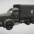 Vintage Dark Green Military Truck with Canvas Covered Cargo Bed Six Wheels and Side Emblem