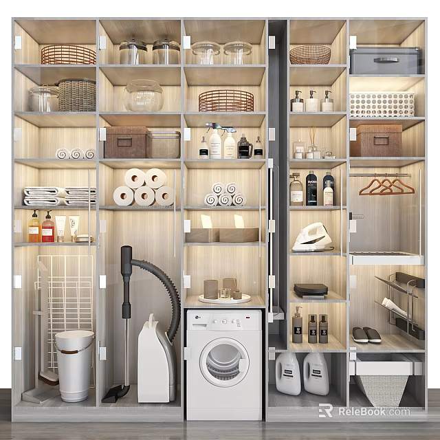 Modern Bathroom Accessories Organized Storage With Toilet Paper Rolls Bottles Cups And Towels 3d model 