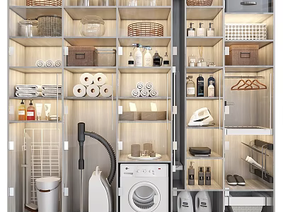 Modern Bathroom Accessories Organized Storage With Toilet Paper Rolls Bottles Cups And Towels 3d model