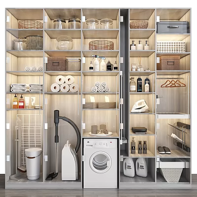 Modern Bathroom Accessories Organized Storage With Toilet Paper Rolls Bottles Cups And Towels 3d model