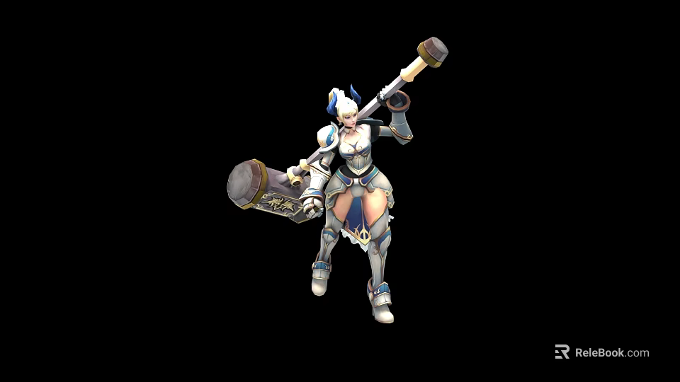 Game Movie Female Character In Silver Blue Armor With Large Hammer And Ornate Details 3d model 