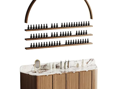 Modern Wooden Showcase Shelves with Multiple Tiers Holding Black Cosmetic Bottles and Marble Countertop 3d model