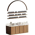 Modern Wooden Showcase Shelves with Multiple Tiers Holding Black Cosmetic Bottles and Marble Countertop