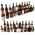 Various Liquor Bottles and Wine Glasses Collection in Organized Display Arrangement