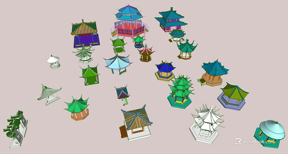 Traditional Chinese Pavilions In Various Colors With Diverse Roof Shapes And Classic Designs 3d model 