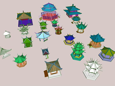 Traditional Chinese Pavilions In Various Colors With Diverse Roof Shapes And Classic Designs 3d model