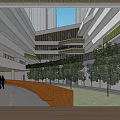 Modern School Building Featuring Multi Level Structure Green Courtyard And Walking Pedestrians