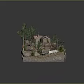Cartoon Scenic Model With House Solar Panels Trees Cactus Watermill Small Train Rocky Ground Fence