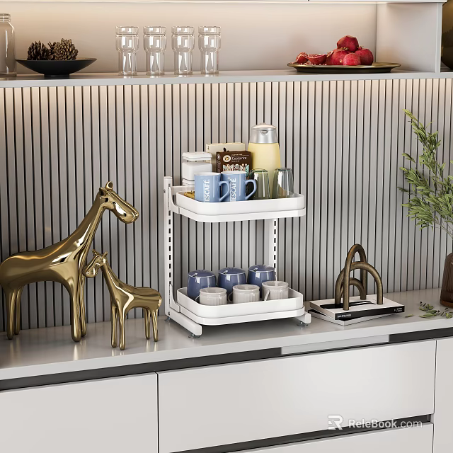 Modern Kitchen Countertop With Two Tiered Storage Rack And Decor 3d model