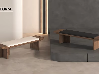Modern Wooden Bench With Upholstered Seat And Black Top In Minimalist Interior 3d model