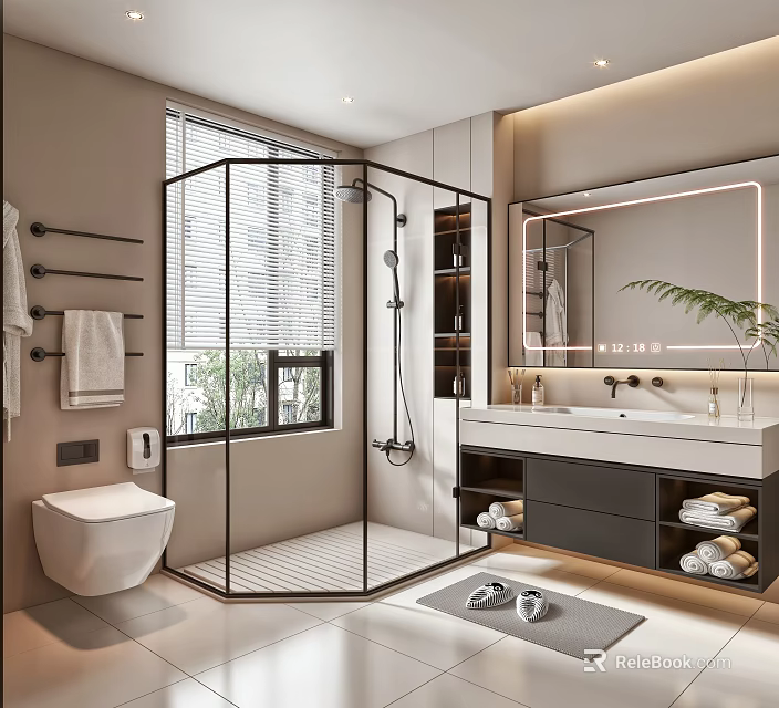 Modern Bathroom Interior Design With Black Frame Glass Shower Vanity Toilet And Large Mirror 3d model 