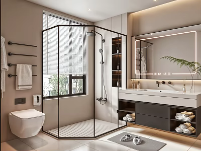 Modern Bathroom Interior Design With Black Frame Glass Shower Vanity Toilet And Large Mirror 3d model