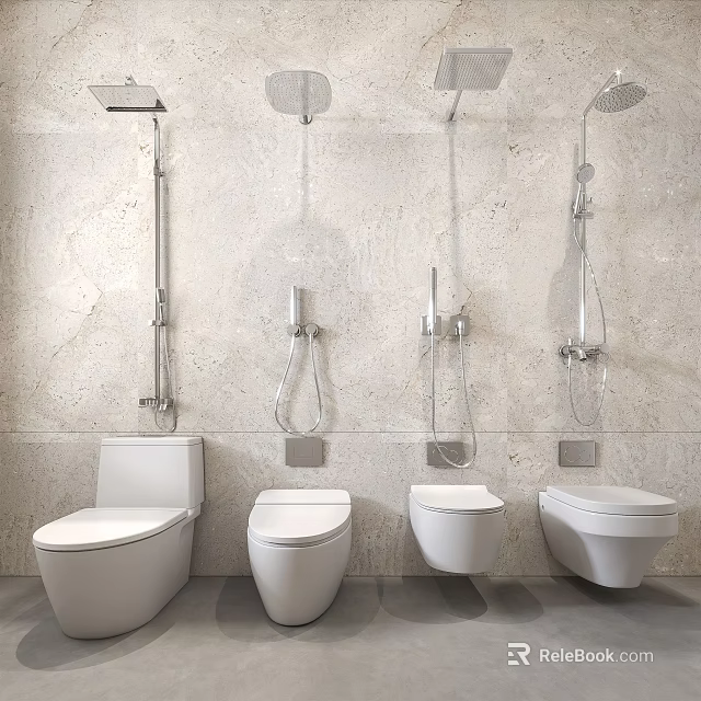 Four Different Toilet Designs In Modern Gray Bathroom With Sleek Fixtures 3d model 