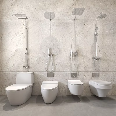 Four Different Toilet Designs In Modern Gray Bathroom With Sleek Fixtures 3d model