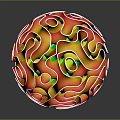 Decorative Sphere with Red Green Yellow Hues and White Curvy Patterns on Glossy Vibrant Surface