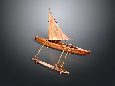 Handcrafted Traditional Wooden Boat Model With Sail And Outrigger Support Structure 3d model