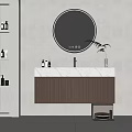 Modern Bathroom Vanity With Backlit Round Mirror Marble Countertop And Wooden Cabinet