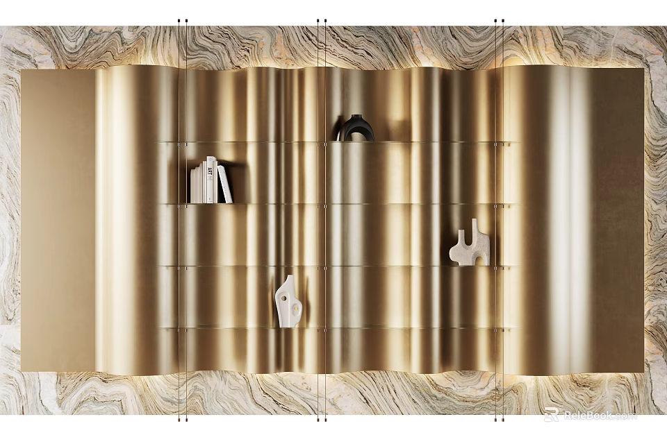 Elegant Decorative Cabinet With Gold Finish And Glass Display Shelves 3d model 