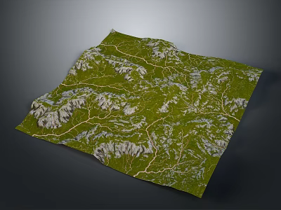 Natural Landscape with Green Terrain Winding Paths and Rocky Mountain Peaks 3d model