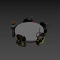 Tactical Weapons and Gear Display on White Circular Platform with Grenades Pouches and Signal Flares