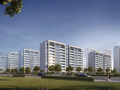 Modern High rise Residential Buildings Surrounded By Greenery Roads And Cars 3d model