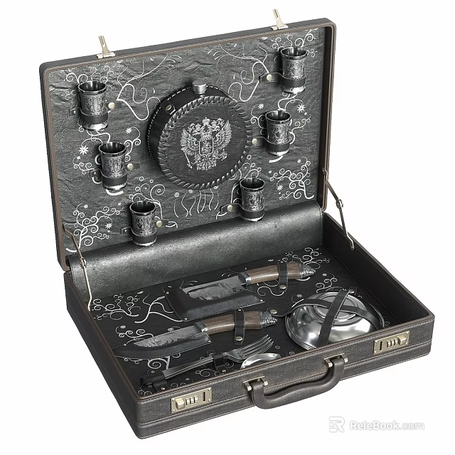 Black Leather Case Decorative Ornament Set With Carved Patterns Metal Cups And Knives 3d model 